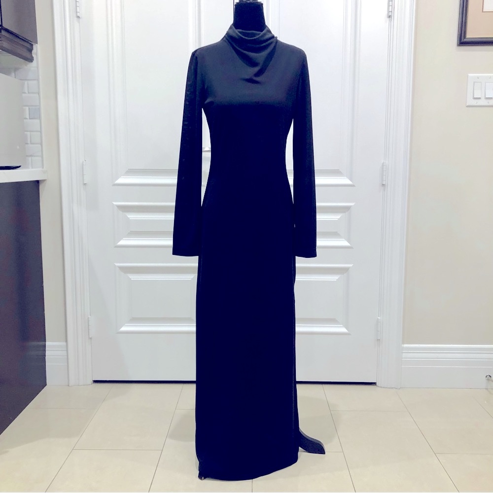 Poleci mock neck long dress in black with slit with long sleeves